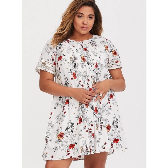 torrid Dresses & Skirts - Torrid Mini Challis Trapeze Dress White Floral Women's Plus Size 1 1X H14300